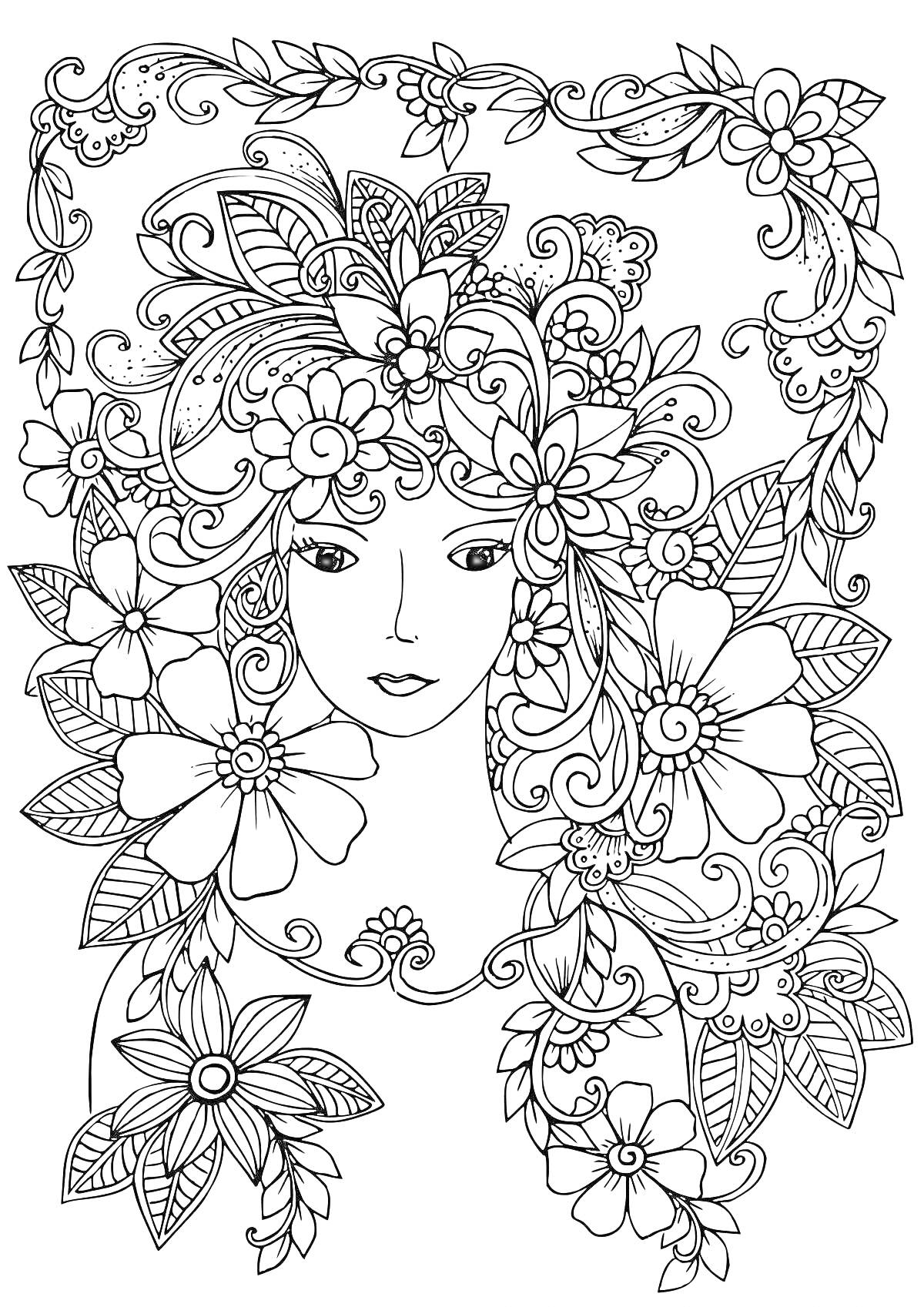 Раскраска девушка с цветами в волосах в орнаменте из листьев и узоров