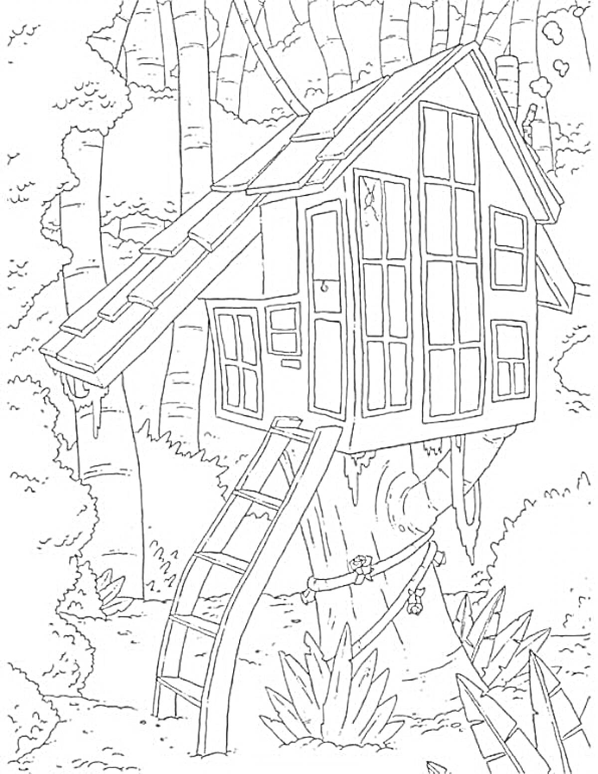 На раскраске изображено: Домик на дереве, Лестница, Окна, Дверь, Лес, Кусты, Листья, Природа, Ветка, Деревья