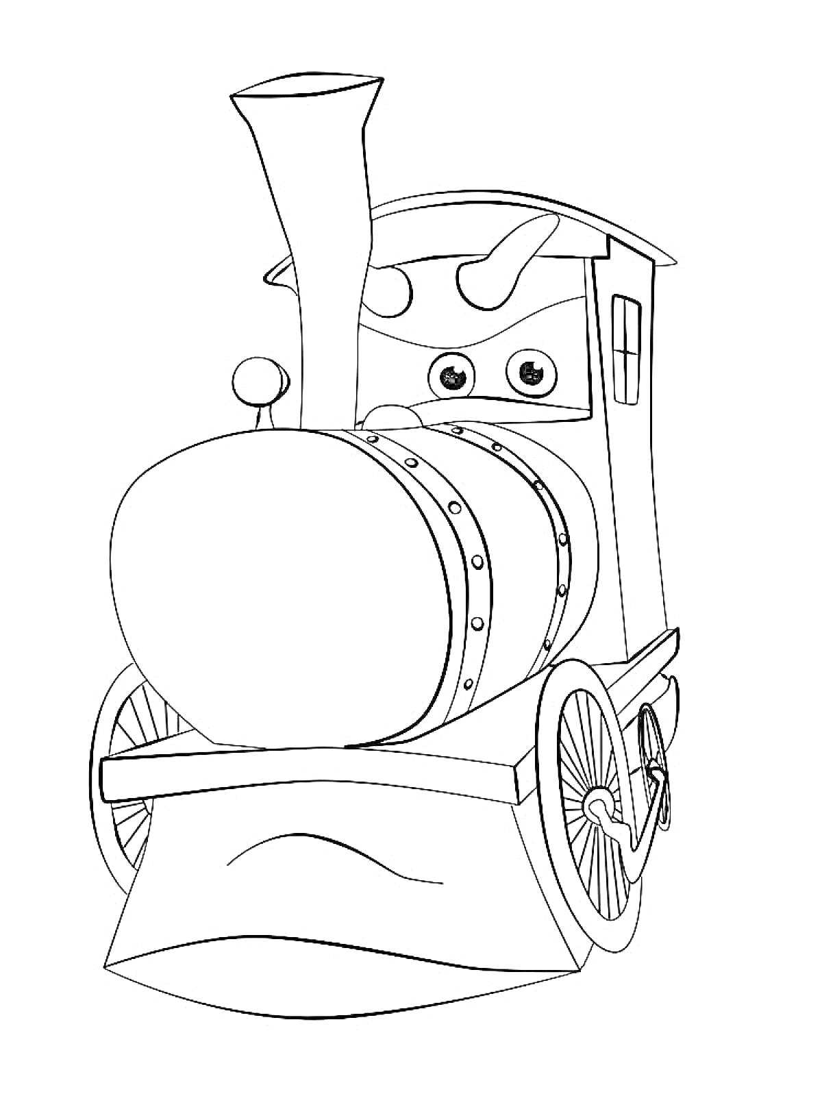 Раскраска Паровозик Тишка в анфас с дымоходом, колесами и окном