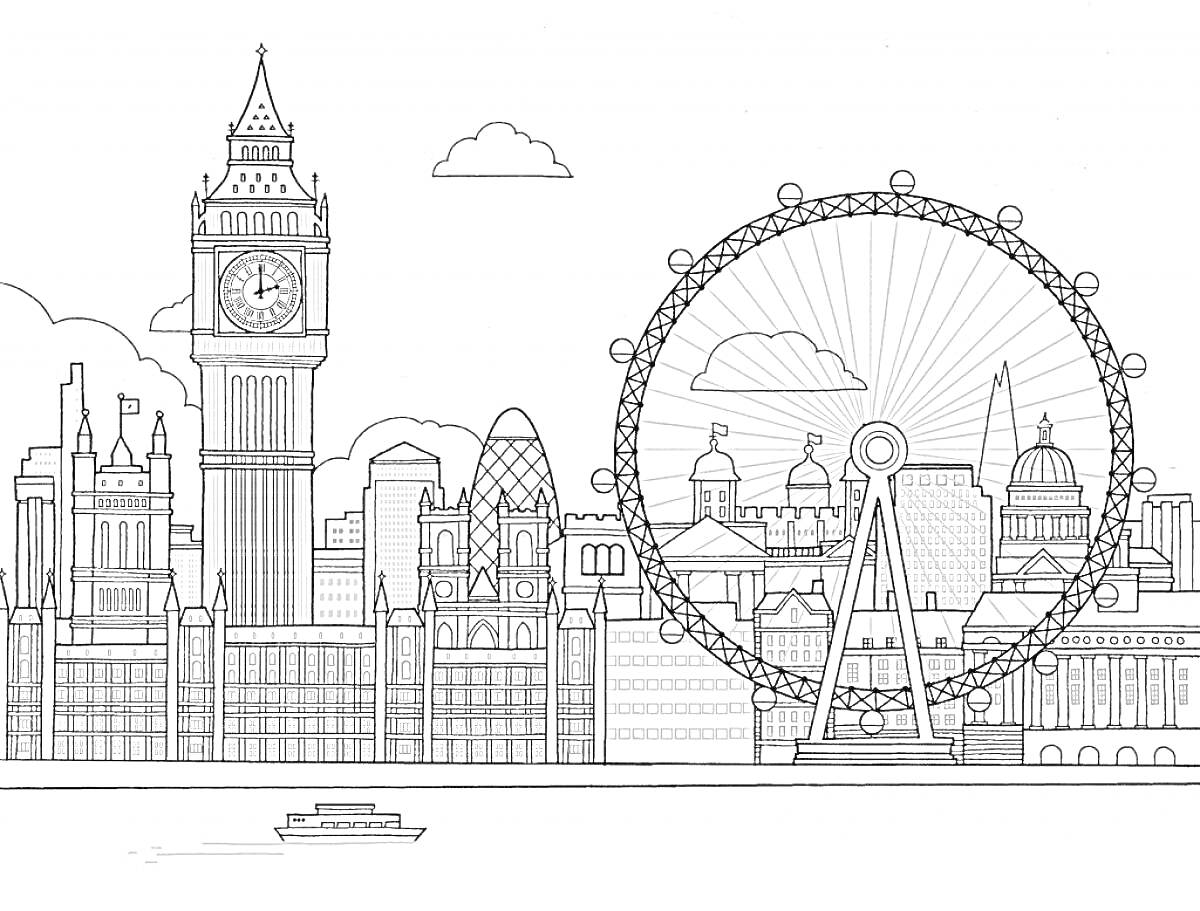 Раскраска Биг Бен, Лондонский глаз, городской пейзаж Лондона с лодкой на реке и облаками