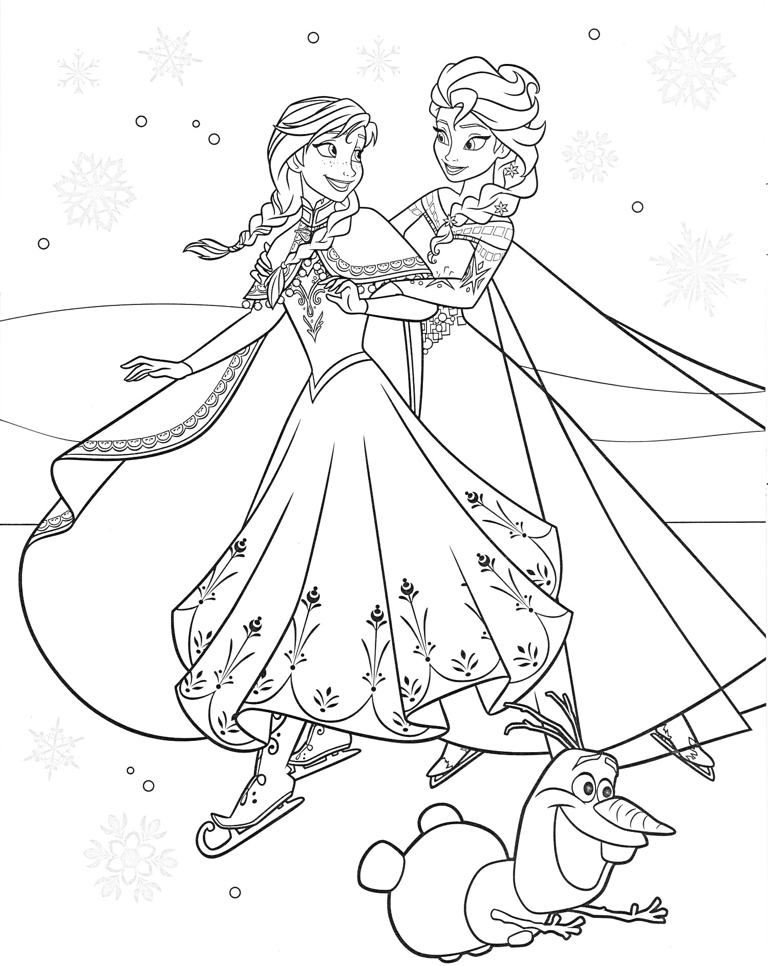 Раскраска Две девушки на коньках с снеговиком на фоне снежинок