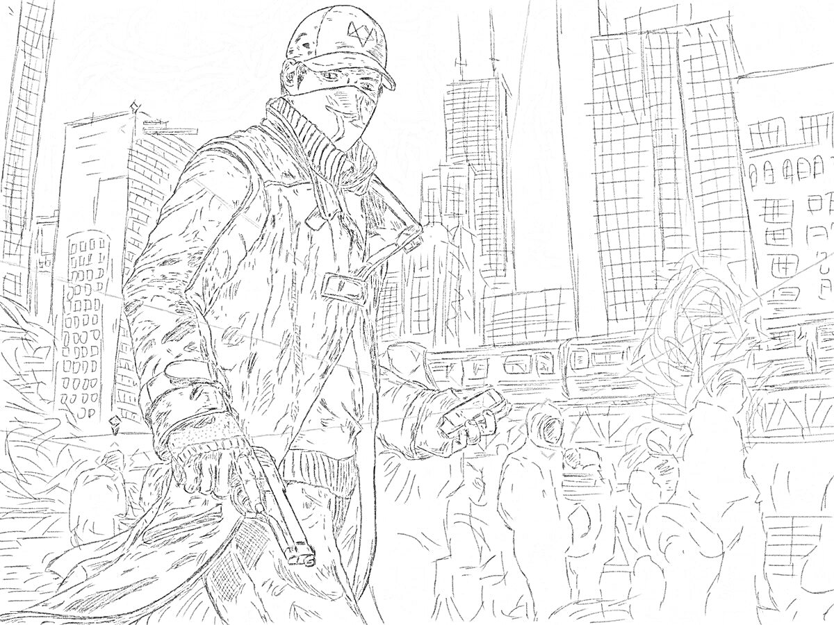 Раскраска Главный герой Watch Dogs 2 на фоне городских зданий с пистолетом, поясной сумкой, и электронным устройством, с людьми и поездом на заднем плане