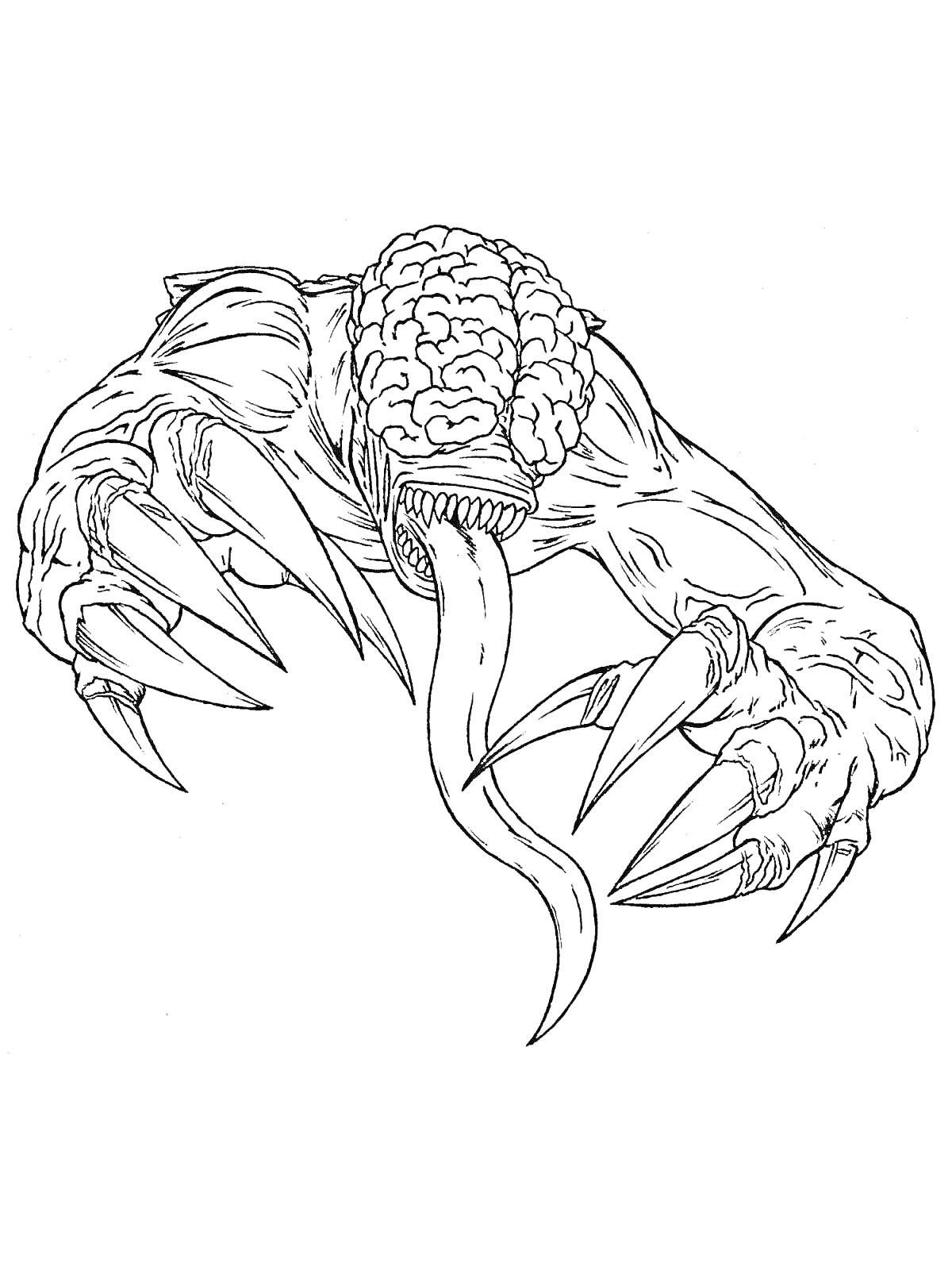 Раскраска Монстр с мозгом на голове, длинным языком и большими когтями