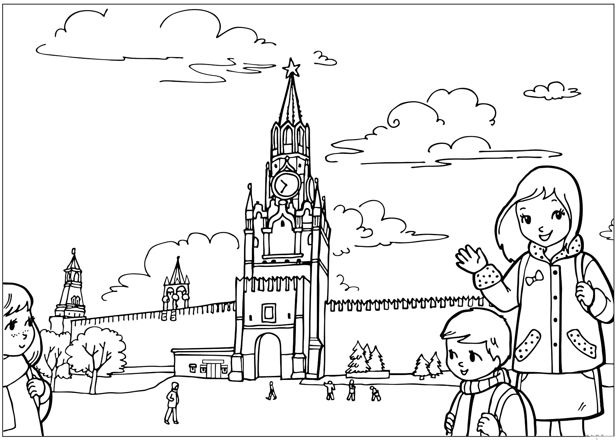 На раскраске изображено: Кремль, Спасская башня, Облака, Деревья, Иллюстрация, Для детей