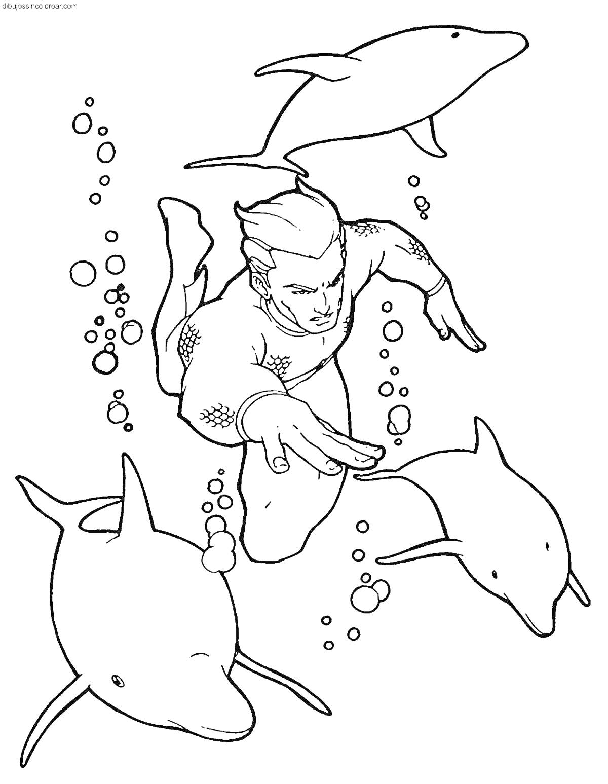 На раскраске изображено: Дельфины, Подводный мир, Пузыри, Плавание, Комиксы