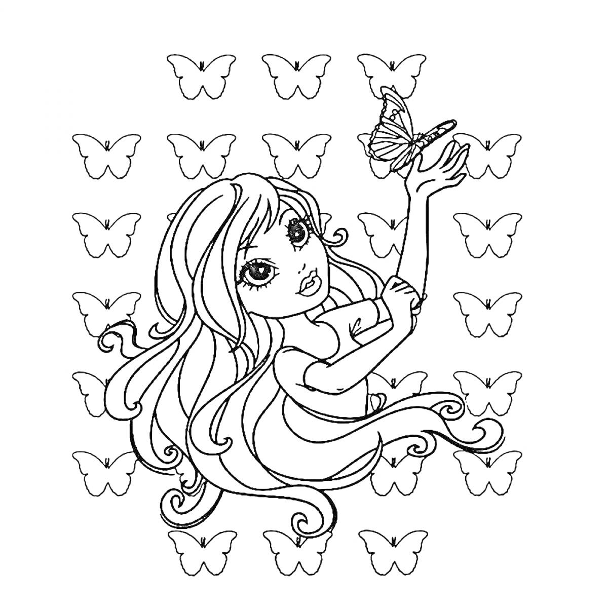 Раскраска Девочка с бабочкой и фоном из бабочек