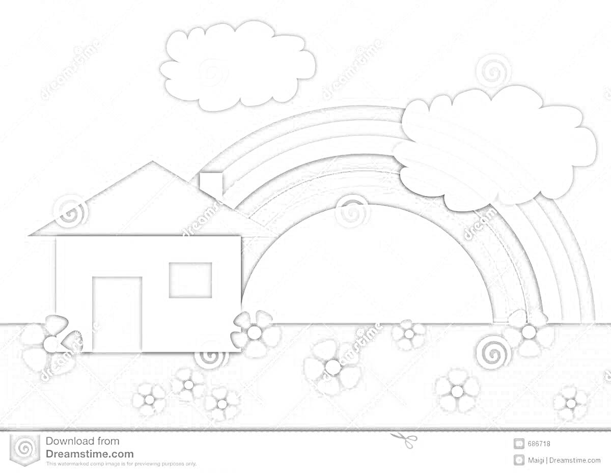 Раскраска Домик с радугой, облаками и цветочками на поляне