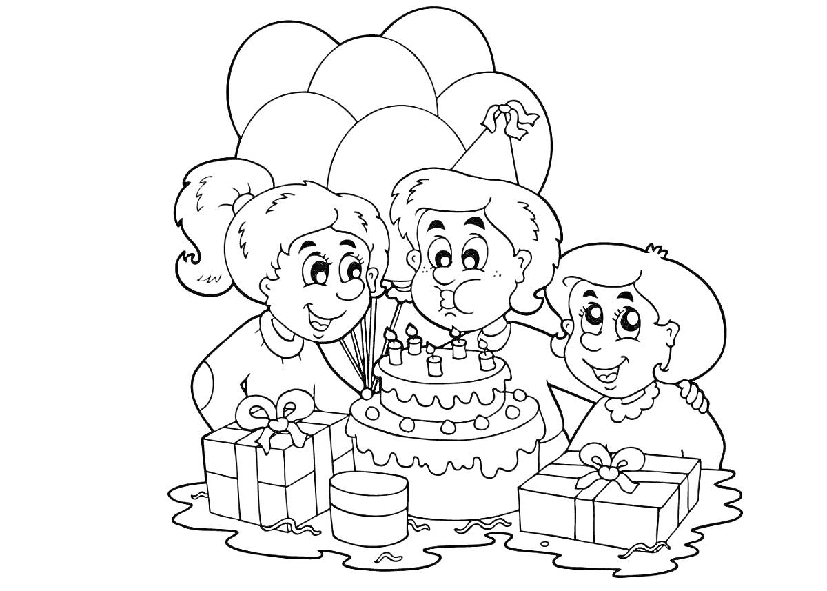 Раскраска День рождения бабушки: семья с бабушкой, торт со свечами, подарки, воздушные шары