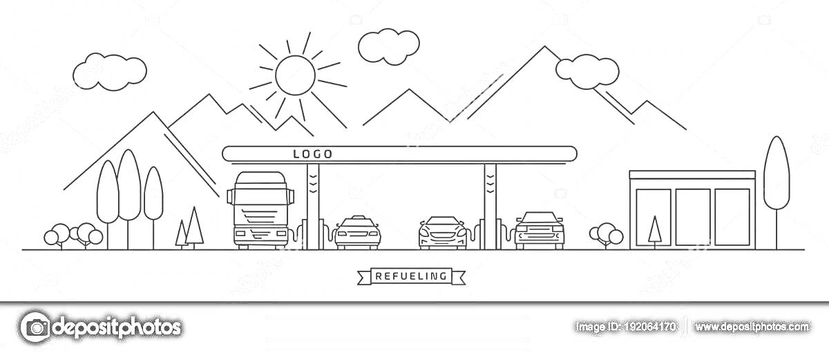 Заправочная станция с грузовиком и автомобилями, горы на заднем плане, солнце и облака, деревья и кусты, небольшое здание.