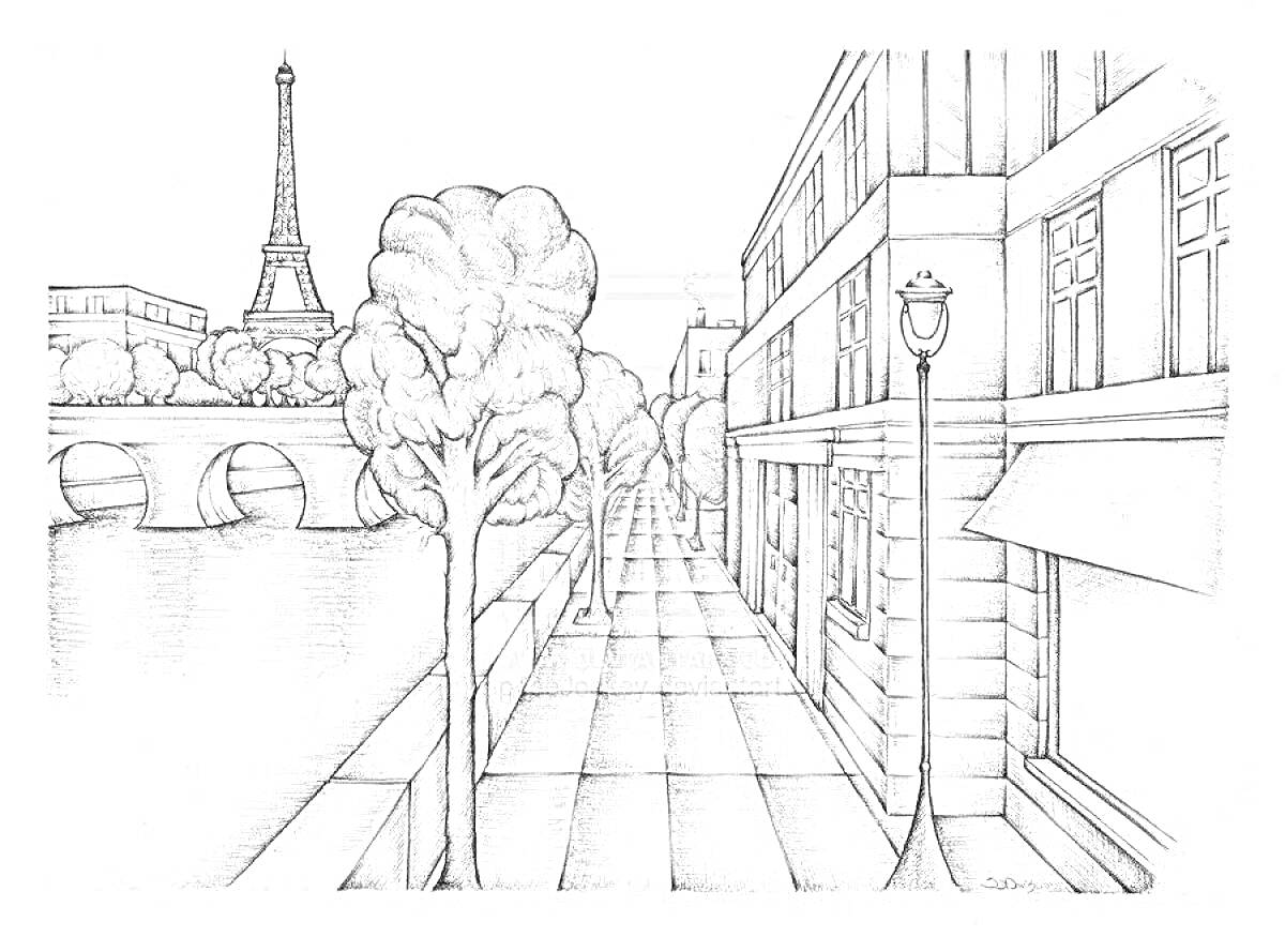 Раскраска городской пейзаж с Эйфелевой башней, променад вдоль реки, деревья, мост, здания и уличный фонарь