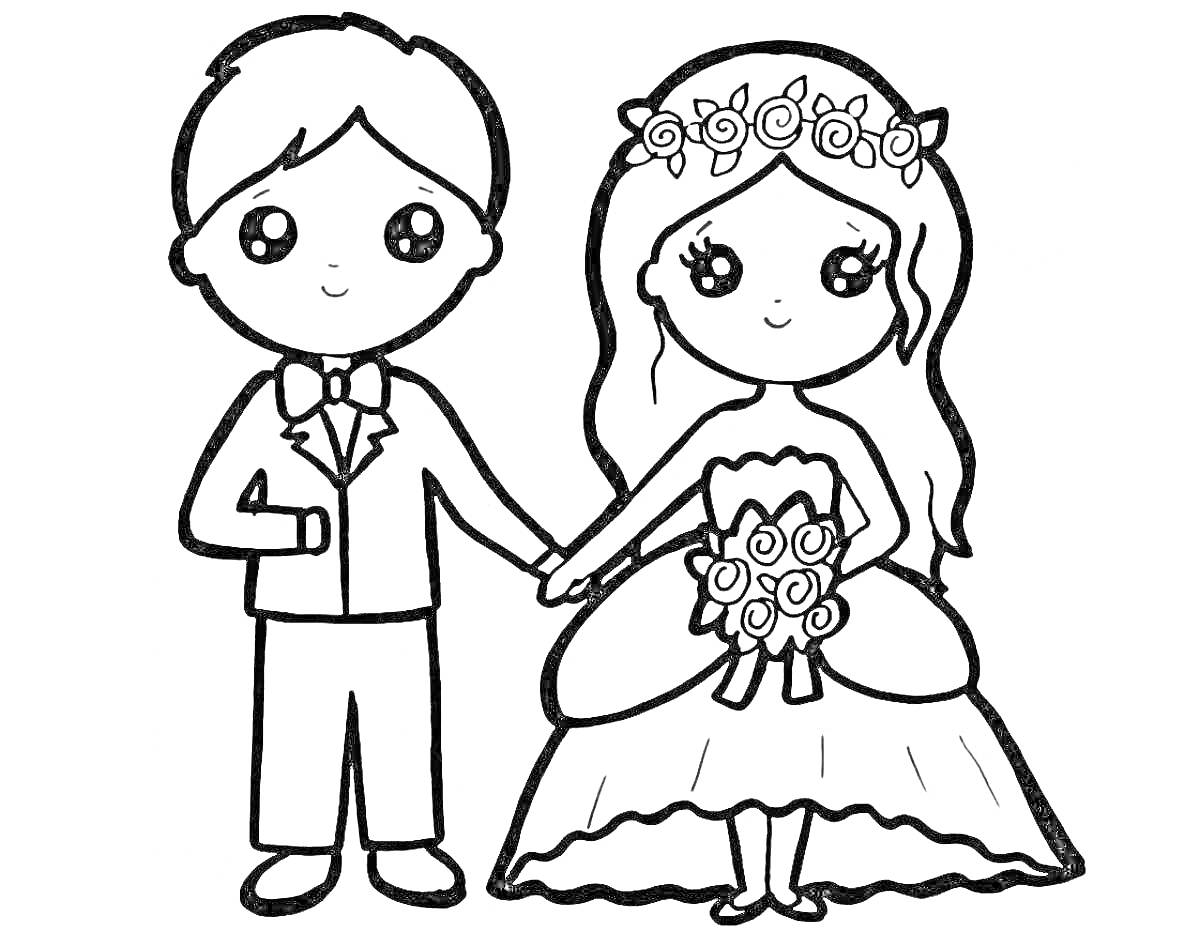 На раскраске изображено: Свадьба, Жених, Невеста, Платье, Розы