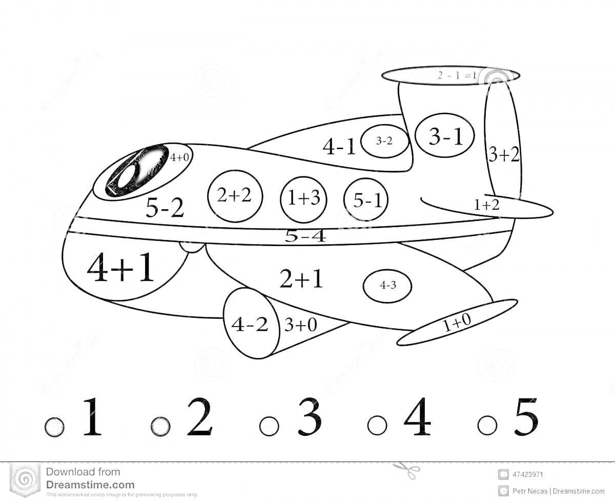 Раскраска Самолет с математическими примерами (4+1, 5-2, 2+2, 4-2, 3+0, 4+1, 5+1, 1+2, 3-1)