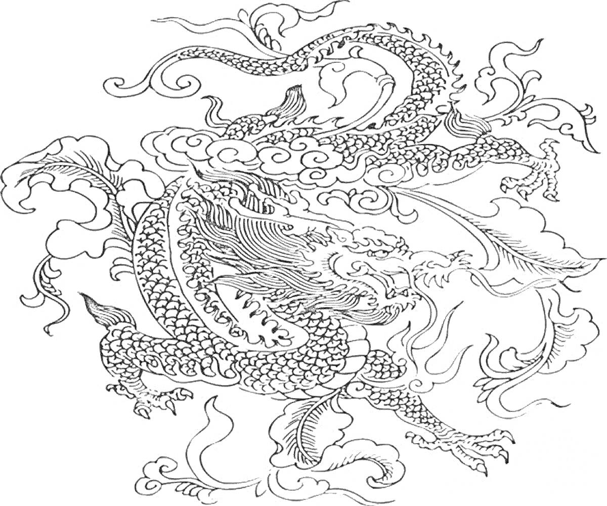 На раскраске изображено: Китайский дракон, Дракон, Облака, Когти, Мифология, Восточная культура, Арт, Традиции, Чешуя