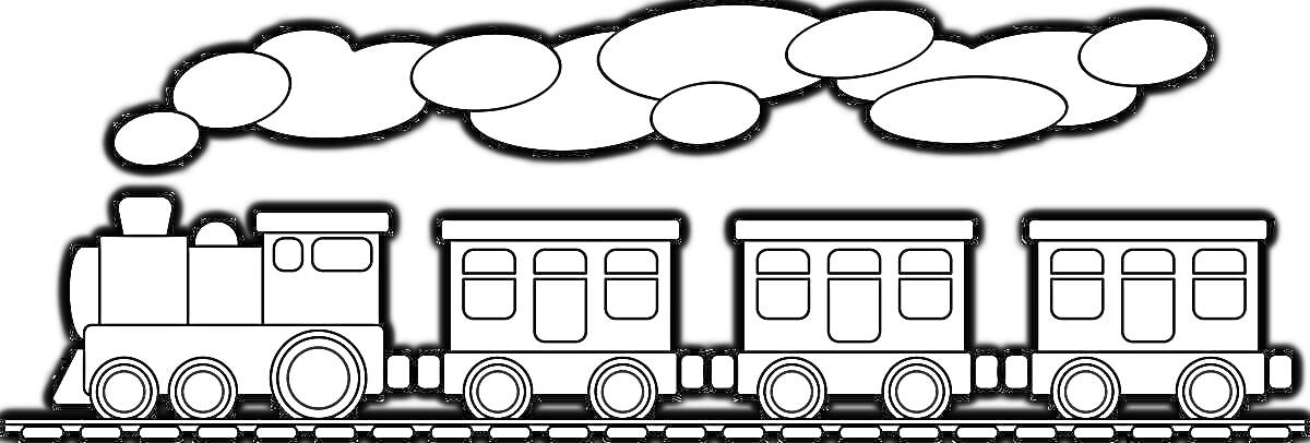 На раскраске изображено: Паровоз, Вагоны, Рельсы, Дым, Транспорт, Поезд