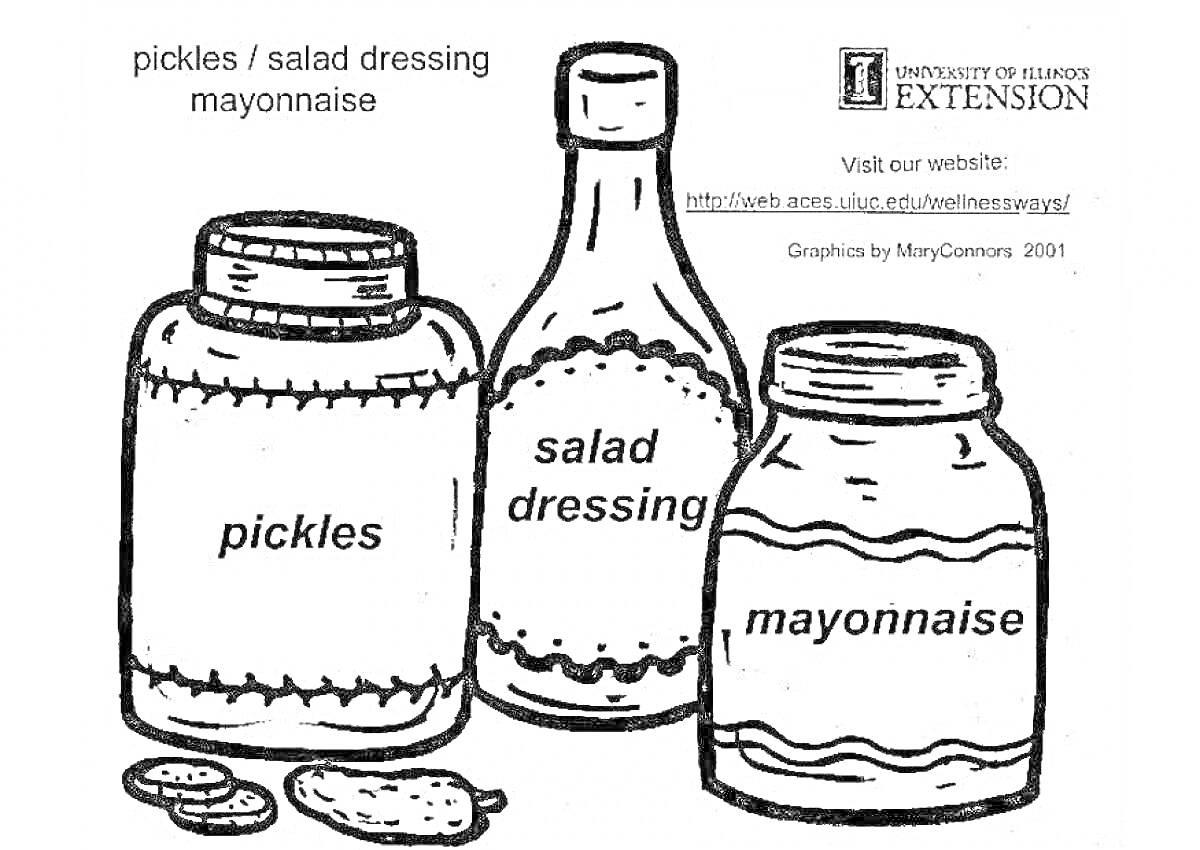 Раскраска банки с солеными огурцами, салатной заправкой и майонезом, два огурца