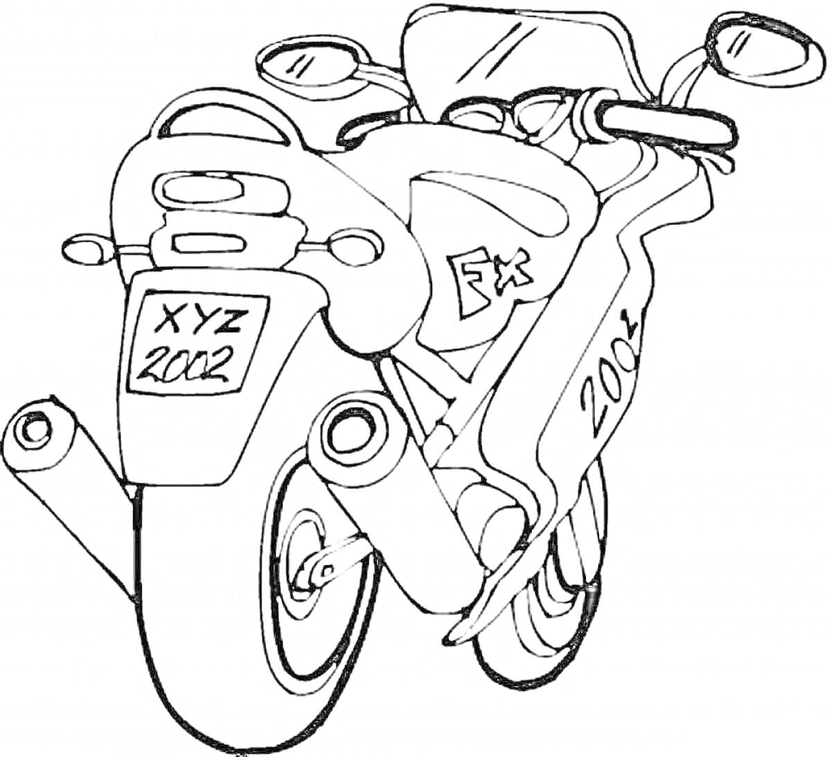 На раскраске изображено: Мотоцикл, Транспорт, Номерной знак, Колёса, Выхлопные трубы, Руль