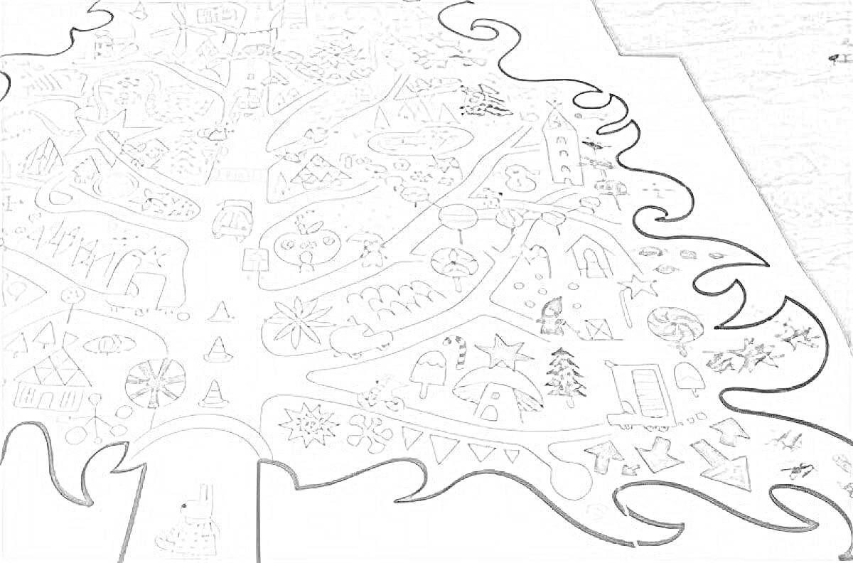 Раскраска Большая новогодняя раскраска для стены, включающая элементы елки, снежинок, домиков, елочных игрушек, подарков, звезд, гирлянд