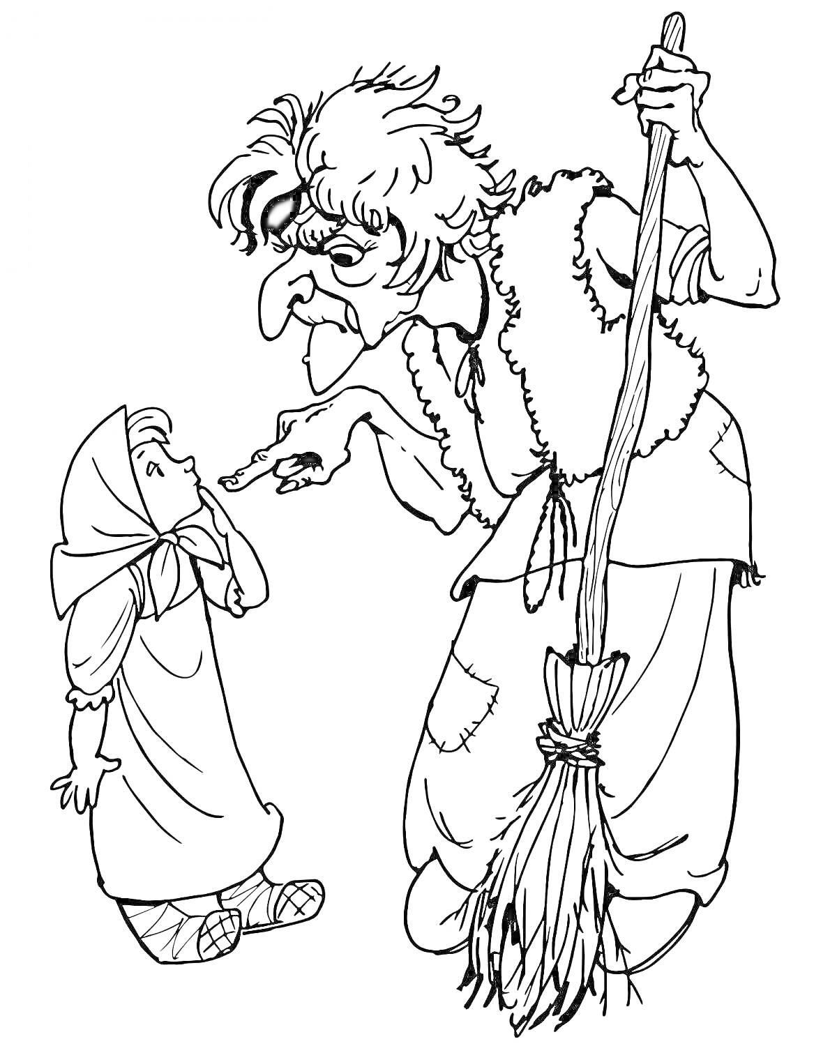 На раскраске изображено: Баба Яга, Девочка, Метла, Волшебный персонаж, Платок