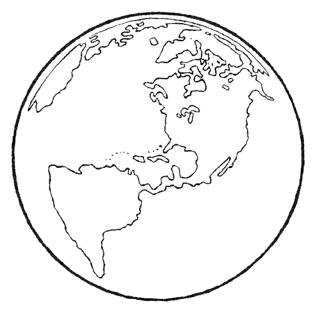Раскраска Контурное изображение Земли с континентами Северная Америка, Южная Америка, Европа, и Африка