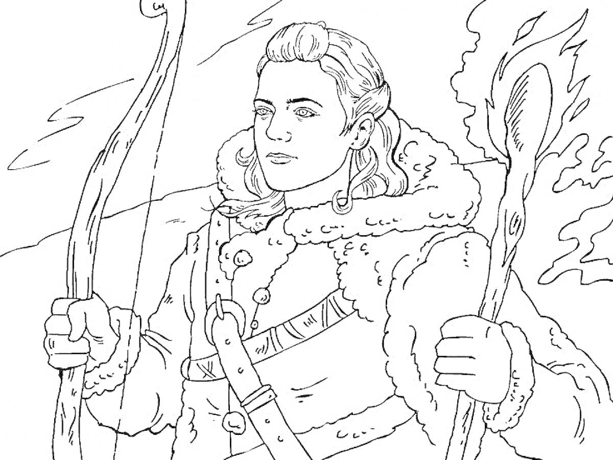 Воин с луком и факелом в меховой одежде на фоне снежного пейзажа