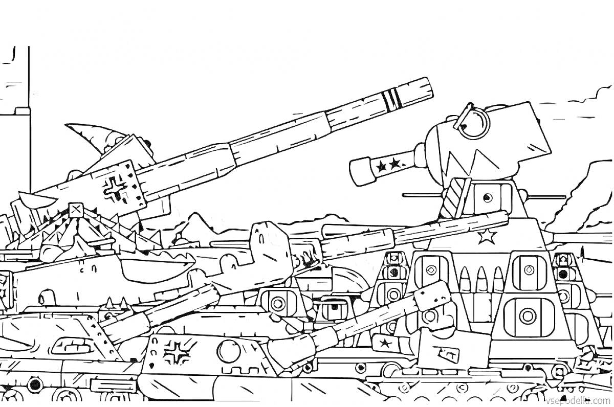 Раскраска Танковая битва на поле боя с различными моделями танков и ландшафтными элементами