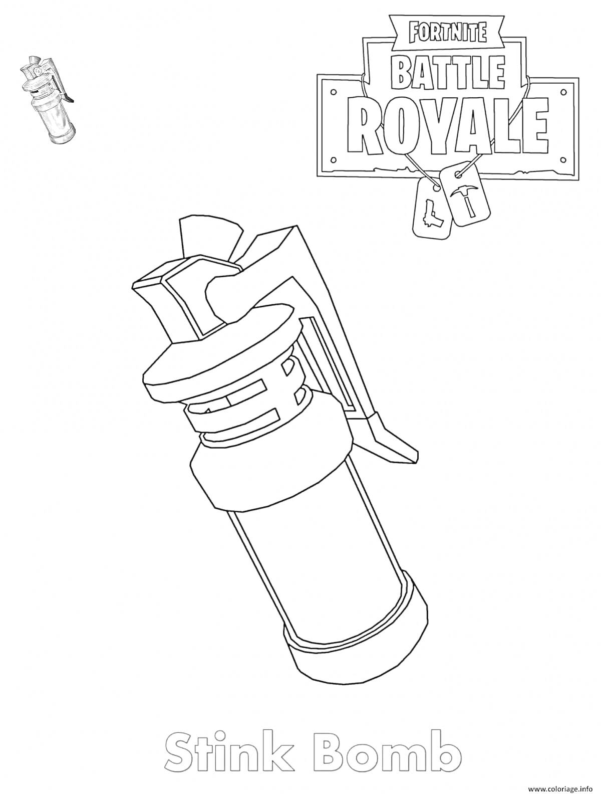 Раскраска Stink Bomb из Fortnite Battle Royale с логотипом и изображением гранаты