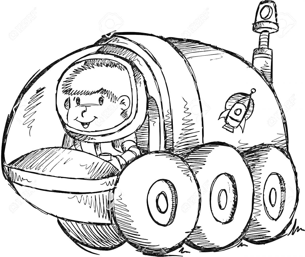 Раскраска ребенок в скафандре едет на луноходе с антенной