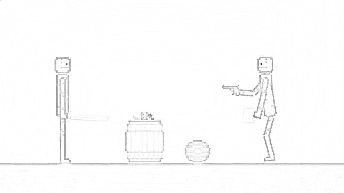 На раскраске изображено: Оружие, Пистолет, Нож, Бочка, Круглый объект, Мелон Плейграунд