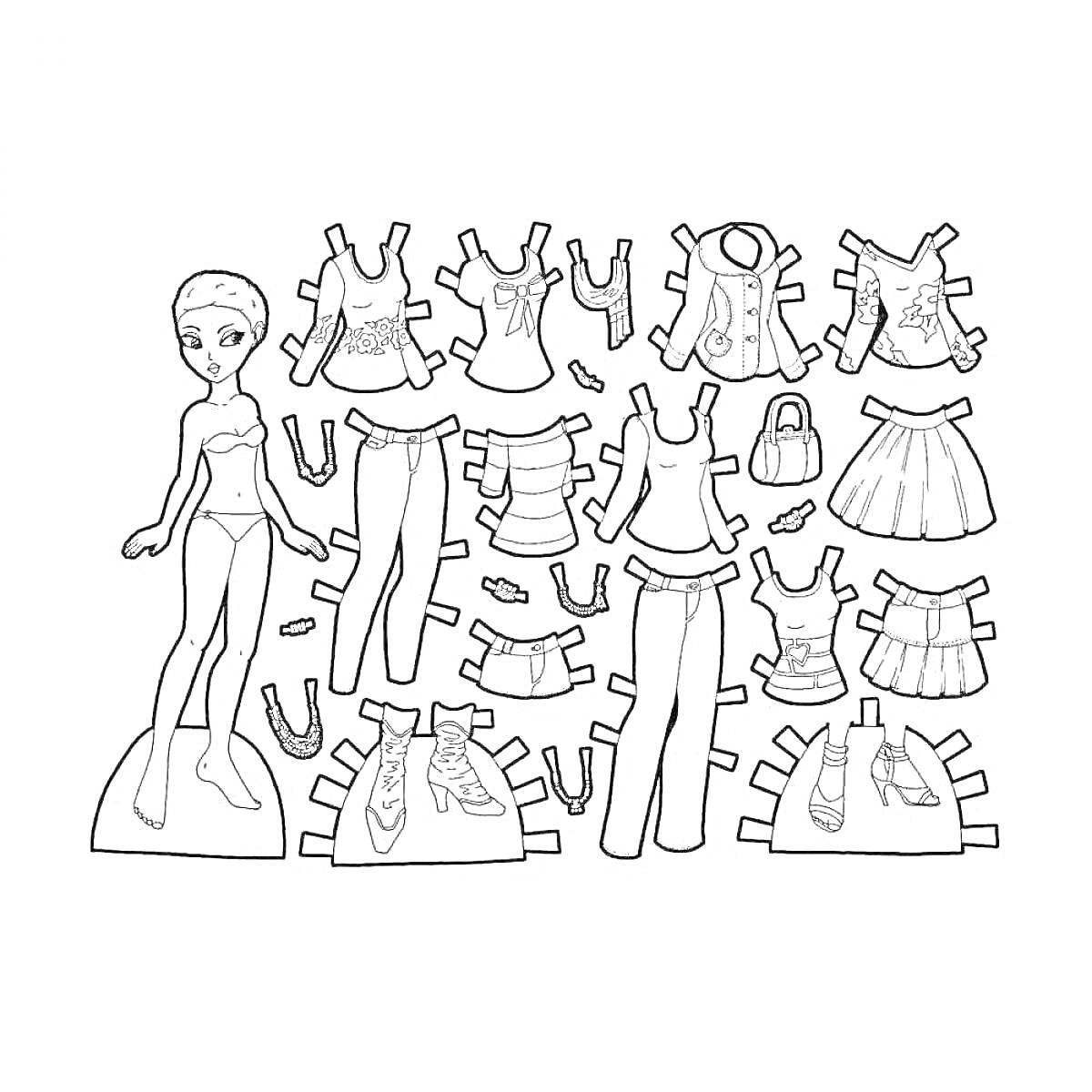 На раскраске изображено: Бумажная кукла, Одежда для куклы, Рубашки, Джинсы, Юбки, Обувь, Сумка, Коллекция, Игрушки