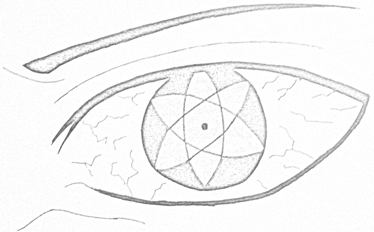 Раскраска глаз с мангёкё шаринганом с шестиугольной звездой вокруг зрачка, кровеносные сосуды