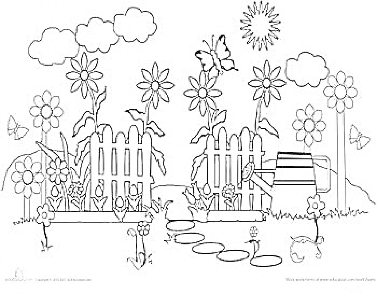 Раскраска Сад с цветами, бабочками и забором. На картинке изображены цветы, два забора, бабочки, облака, солнце, лейка, дорожка из камней и трава.