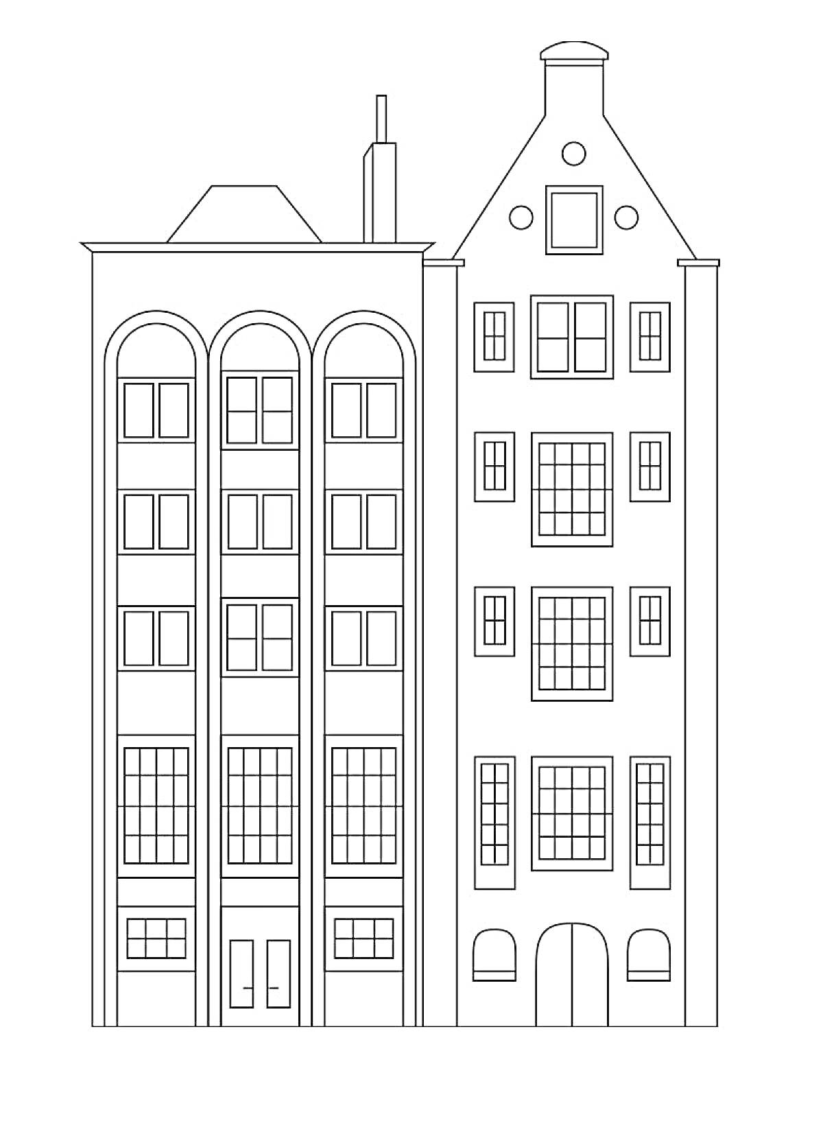 Раскраска Два многоэтажных дома с окнами и дверями, один с аркой и декоративными элементами на фасаде