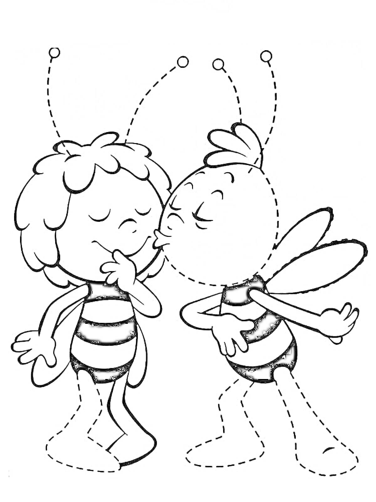 Раскраска Две персонажа в костюмах пчелок, один дает поцелуй другому