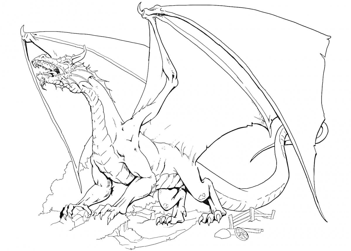 Раскраска Дракон с раскинутыми крыльями и останками на земле