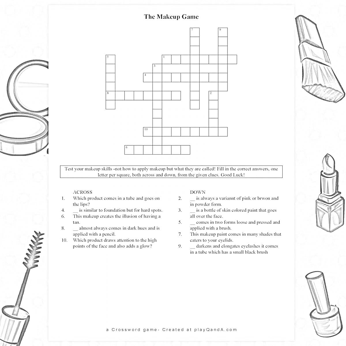 Раскраска The Makeup Game - Crossword with Makeup Items