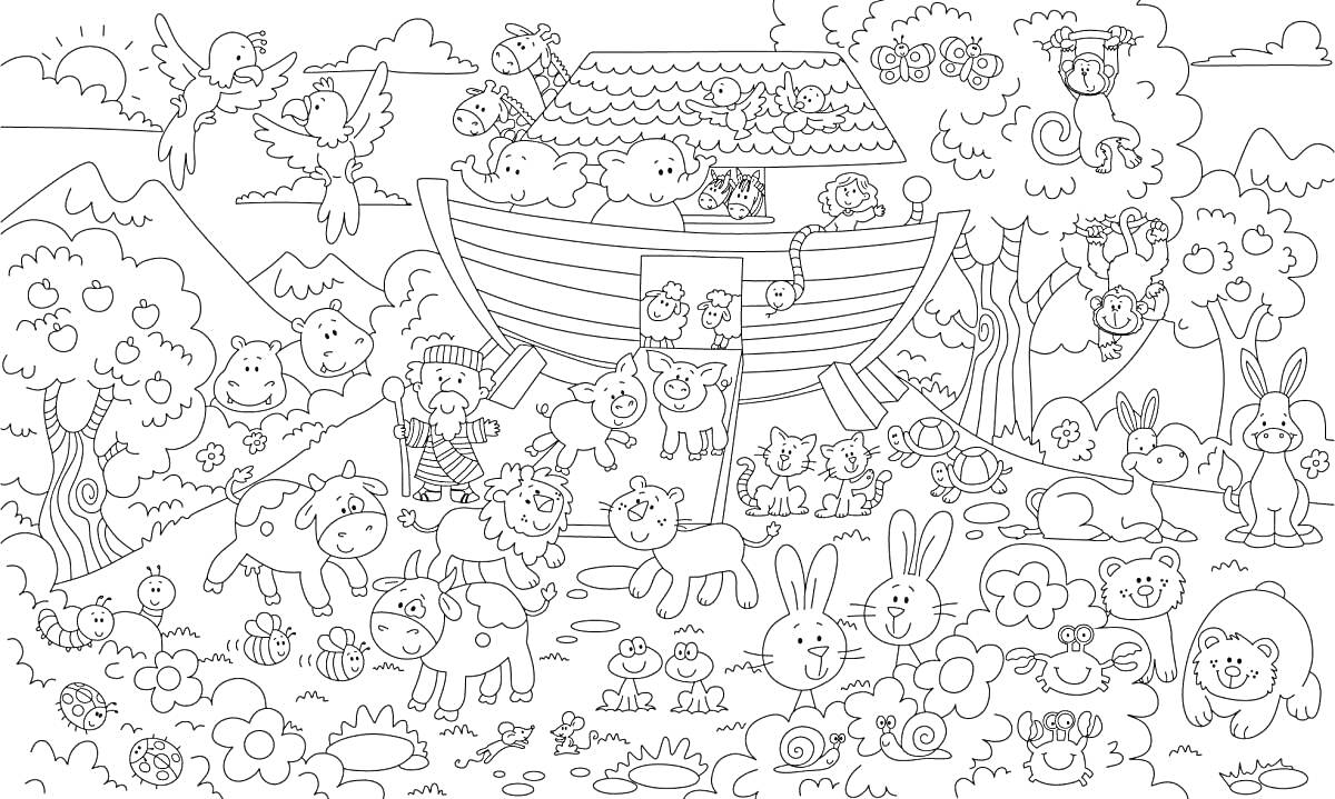 Раскраска Ковчег с животными, деревянный корабль, окруженный разными животными, включая коров, овец, куриц, лошадей, кошек, собак, зайцев, лягушек, попугаев и медведей, деревья, кустарники, цветы, горы на заднем плане.