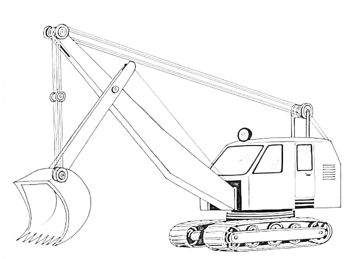 На раскраске изображено: Экскаватор, Строительная техника, Стрела, Ковш, Гусеницы, Транспорт, Техника для детей