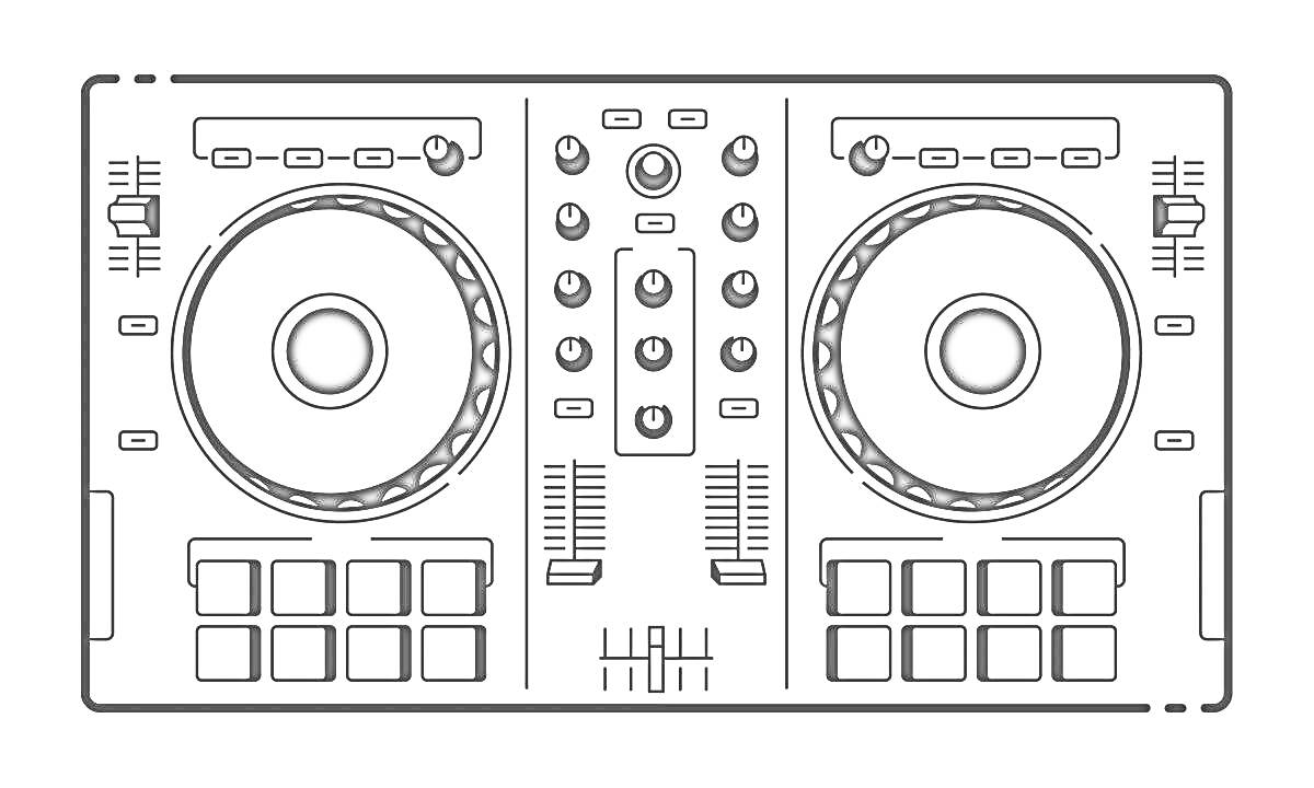Раскраска Диджейская установка с пультами управления, кнопками, ручками и фейдерами