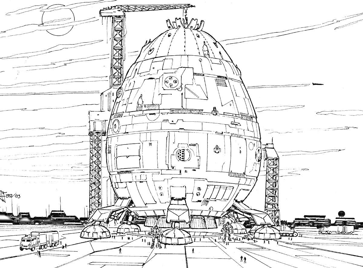 Раскраска космическая станция в форме яйца с антеннами и панелями, краны, постройки на горизонте, лунная поверхность, транспортные средства и люди вокруг
