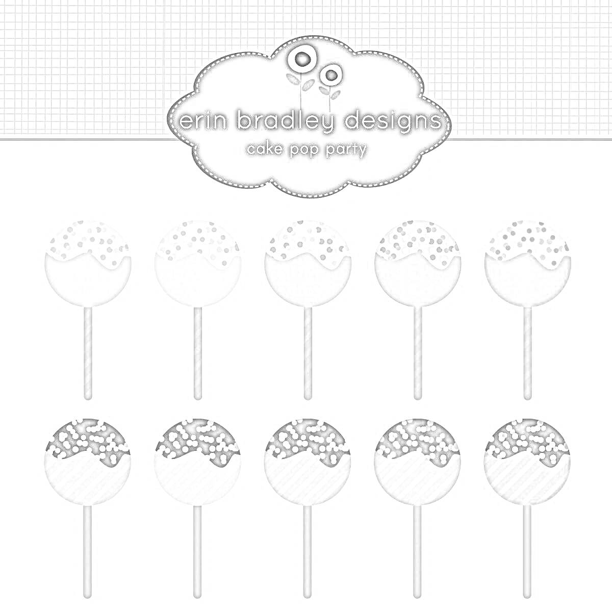 Раскраска Кейк попсы с разными вариантами украшения: с посыпкой, с полосками, однотонные
