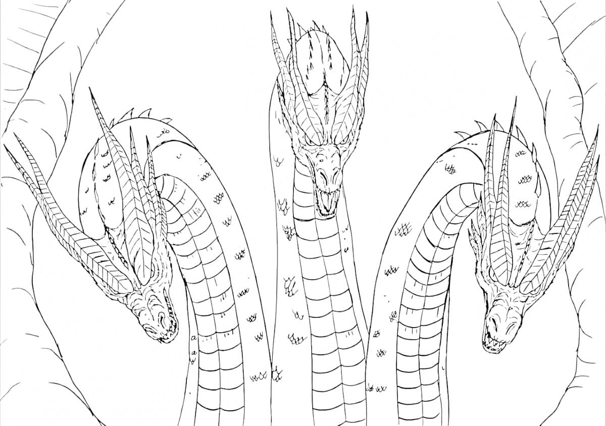 На раскраске изображено: Гидра, Три головы, Дракон, Мифические существа