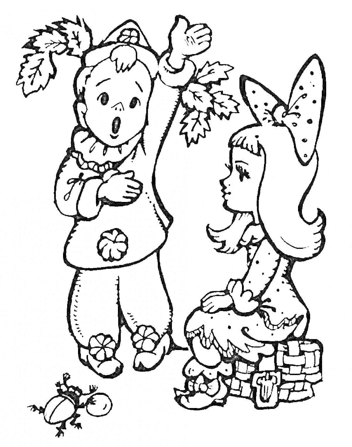 Раскраска Мальвина и Пьеро на пеньке с игрушечными жуками