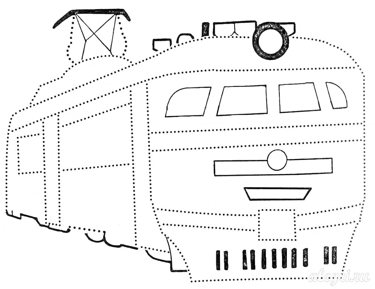 На раскраске изображено: Поезд, Окна, Фары, Транспорт, Железная дорога, Панель