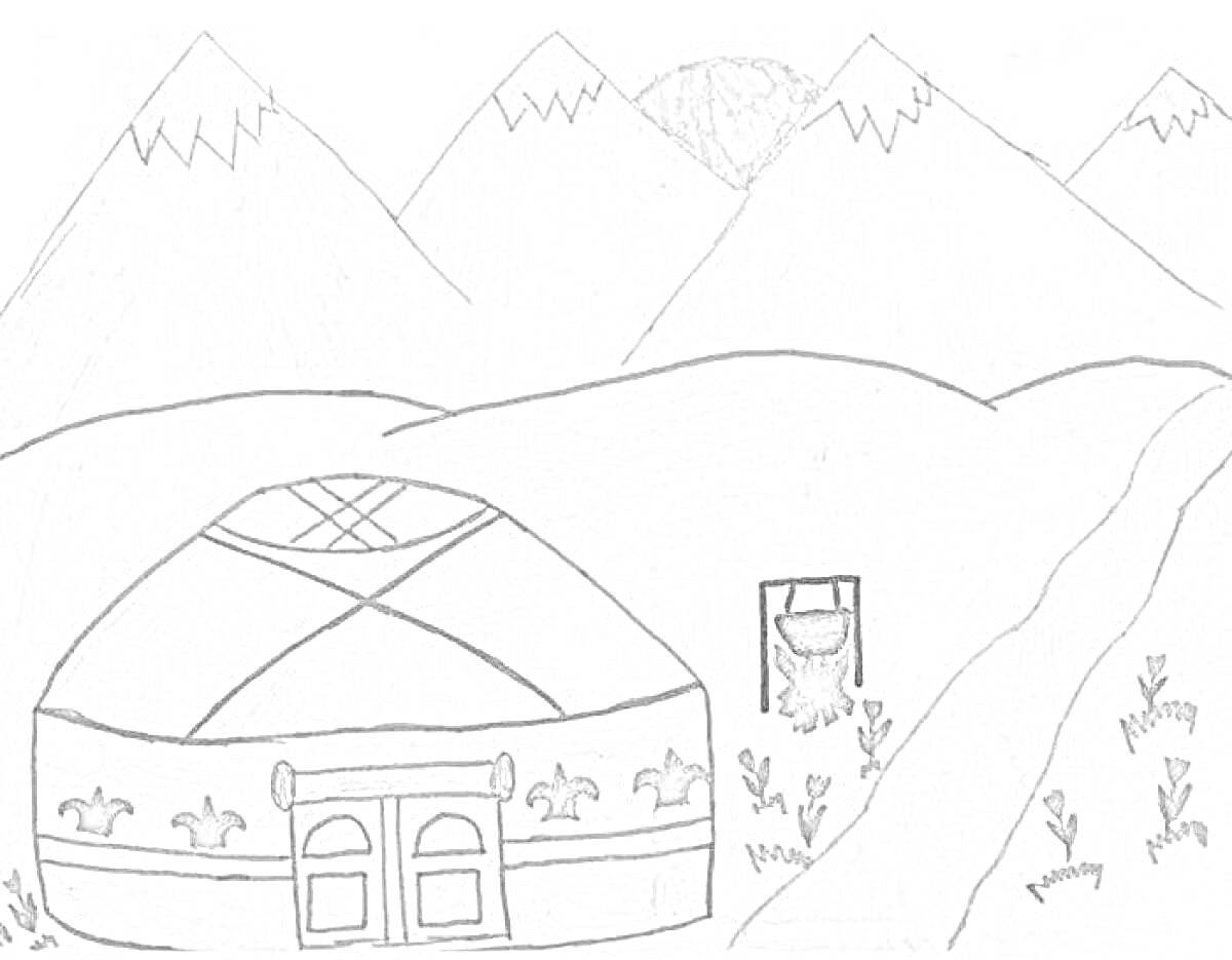 Раскраска Горы, юрта, река, растительность