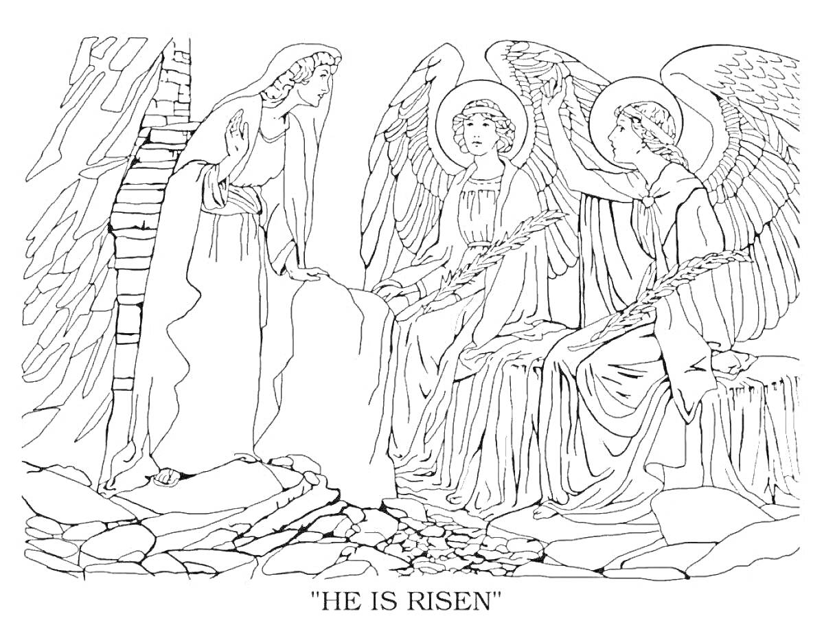 Раскраска Воскрешение Иисуса - три Ангела у входа в гробницу