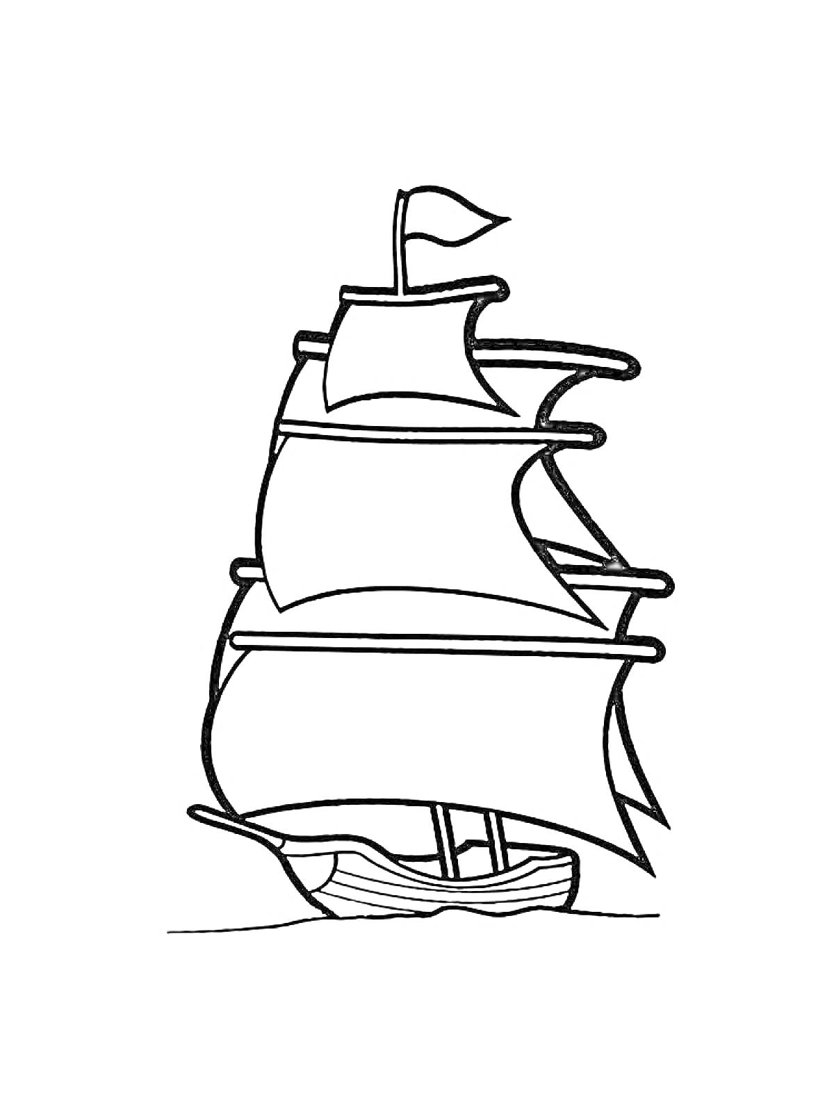На раскраске изображено: Корабль, Вода, Флаг, Море, Паруса