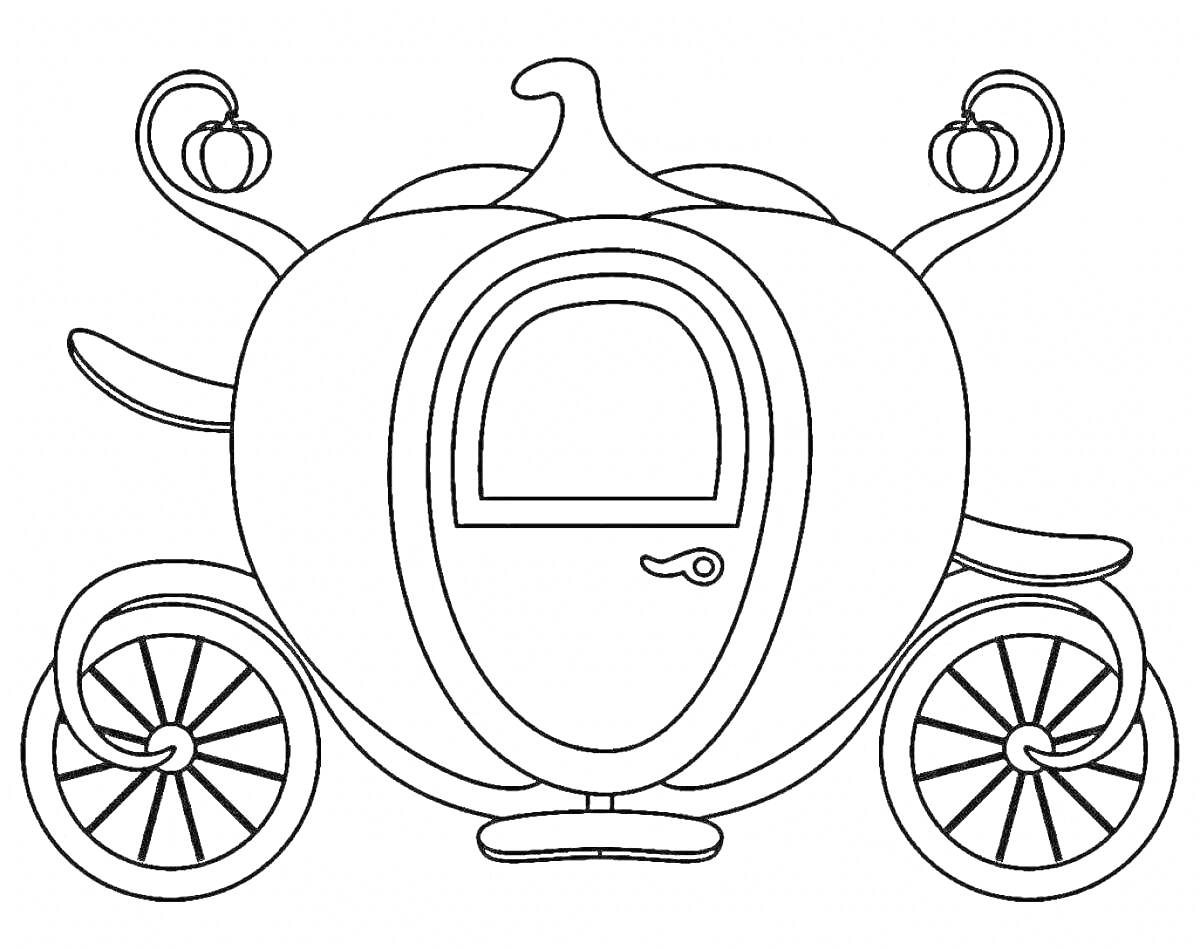 Раскраска Карета Золушки с дверью и двумя колёсами, два верхних фонаря в форме тыквы