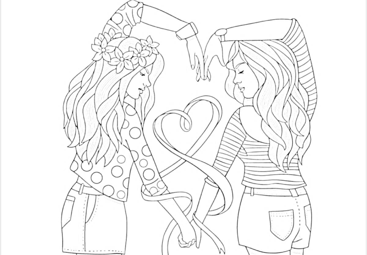 Раскраска Две подруги с длинными волосами создают сердечко пальцами, одна в цветочном венке и кофте в горошек, другая в полосатой кофте и джинсовых шортах.