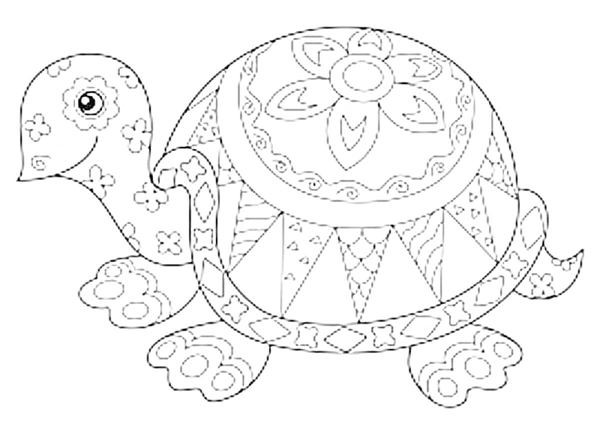 На раскраске изображено: Черепаха, Узоры, Цветы, Антистресс, Животные, 6-7 лет