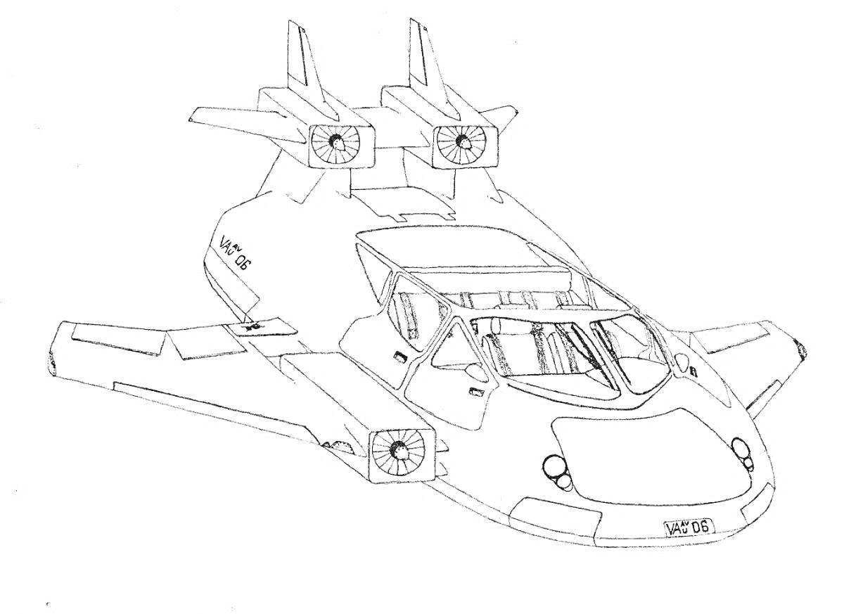 Раскраска Летающая машина с крытыми кабинами, четырьмя двигателями и антеннами